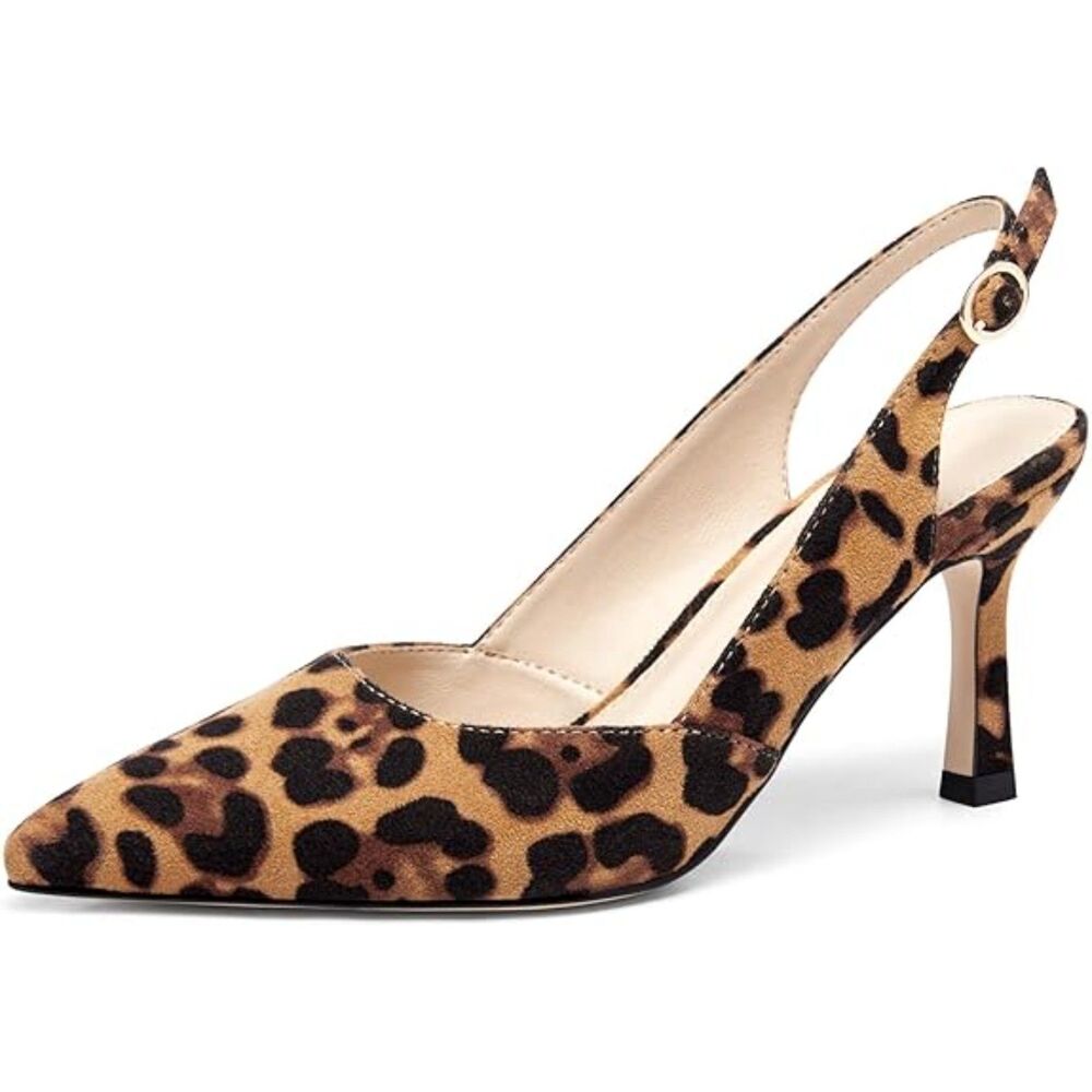 Womens Leopard Closed Toe Faux Leather Slingback Kitten Heel Wedding Pumps Shoes
